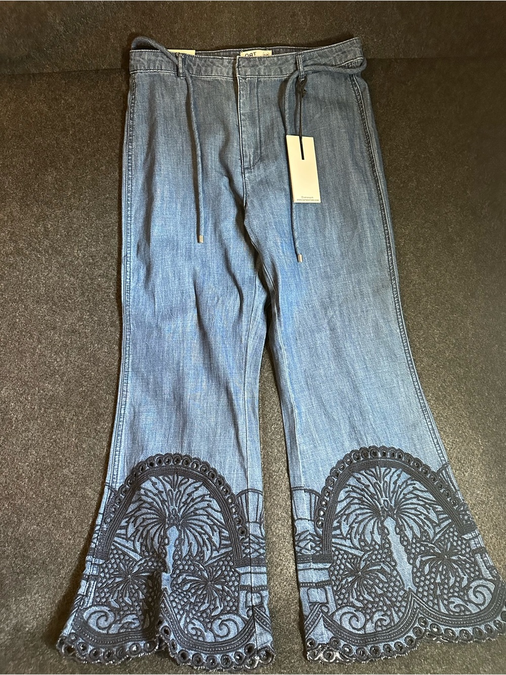 Oat New York High Rise Flare Jeans Blue Embroidered Palm Tree Hem 6/28